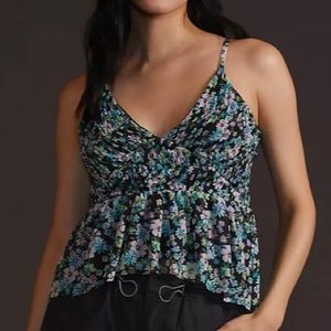 Anthropologie floral mesh ruffle tank